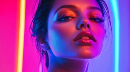 A portrait of a woman standing under neon lights, with colorful neon hues reflecting off her face, creating a bold and artistic look