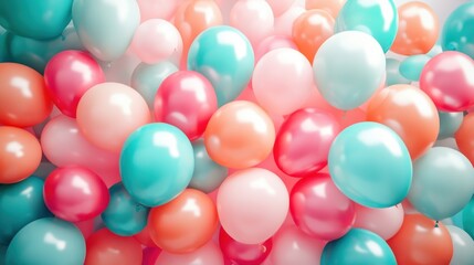 A colorful cluster of pastel pink, blue, and orange balloons fill the frame, creating a festive and cheerful background.