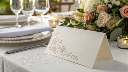 Paper Table Card, Horizontal. Wedding Table Setting with Flowers.	
