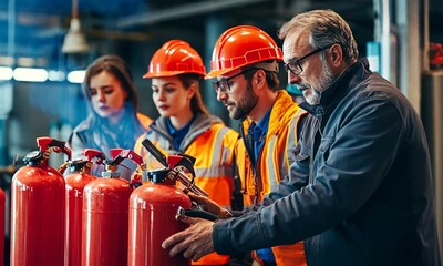 A group of professionals inspecting fire extinguishers in a safety training session.