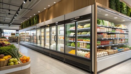 Fototapeta premium Modern Supermarket Refrigeration: A Stylish Display of Fresh Produce and Dairy Products in Fashion Photography Setting