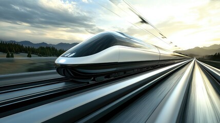 Obraz premium Futuristic High-Speed Train Racing Through Scenic Landscape with Dramatic Sky and Motion Blur Effect, Showcasing Modern Technology and Innovation in Transportation