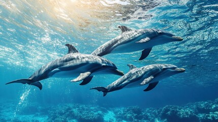 Three dolphins swimming together in the clear blue ocean.