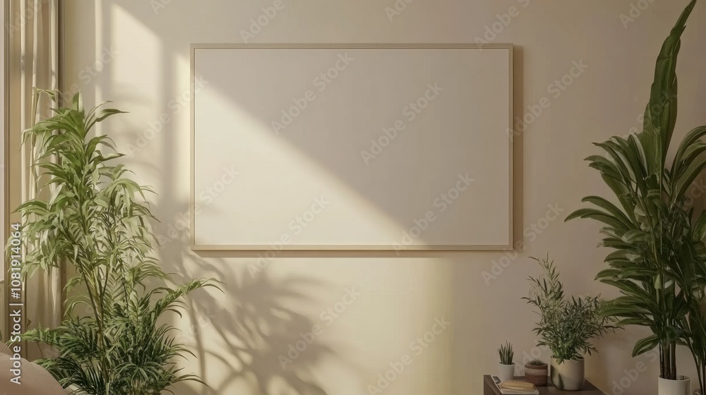 Poster Bright and Serene Living Room with Empty Frame Surrounded by Lush Green Plants and Soft Natural Light Creating a Calm and Inviting Atmosphere