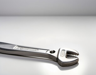 Obraz premium Close-up of an adjustable wrench on a smooth white background. Generative AI