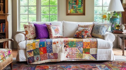 A white sofa with colorful pillows and a patchwork quilt in a living room with a rug and large windows.