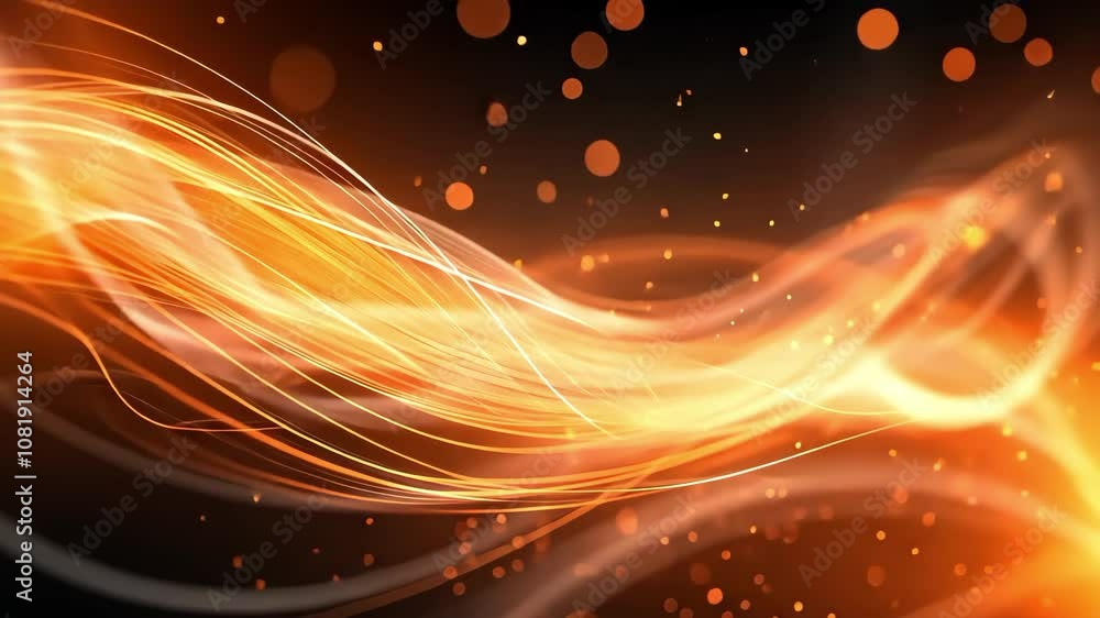 Aufkleber an abstract background featuring flowing waves of orange and white light with soft glowing particles