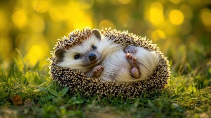 Obraz premium A Curled-Up Hedgehog with Spiky Fur in a Lush Green Meadow