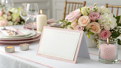 Paper Table Card, Horizontal. Wedding Table Setting with Flowers.	
