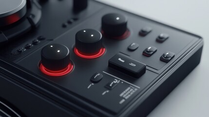 Close-up View of Modern DJ Equipment with Illuminated Knobs and Sleek Design, Ideal for Music Production and Event Planning Enthusiasts and Professionals