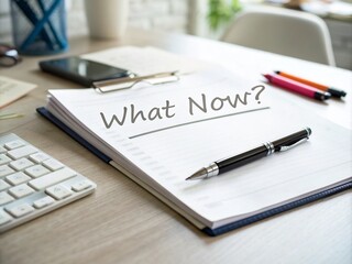 Neatly Arranged Office Desk with 'What Now?' Paper, Pen, and Blurred Background Elements for Decision Making Concept in a Professional Setting