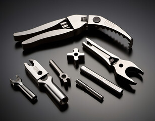 Close-up of a crimping tool with various die sizes displayed on a plain surface. Generative AI