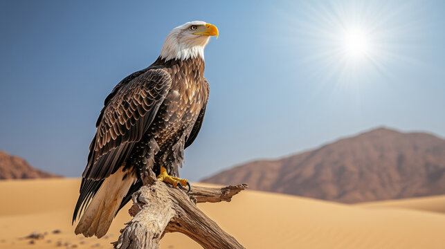 Majestic eagle perched on weathered branch in vast desert landscape, basking in warm sunlight. scene captures beauty and strength of this magnificent bird