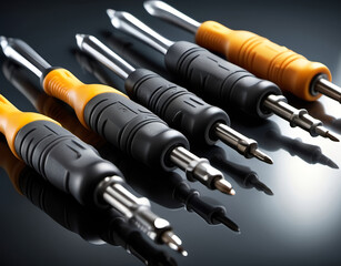 Detailed view of electrical screwdrivers with insulated handles lying flat. Generative AI