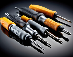 Detailed view of electrical screwdrivers with insulated handles lying flat. Generative AI