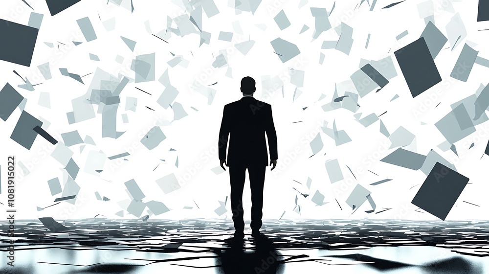 Poster silhouetted businessman standing in front of dynamic abstract background with floating geometric sha
