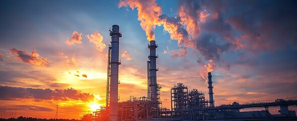 Modern industrial plant with steel pipes and machinery against a blue sky background. Energy production or biological process concept