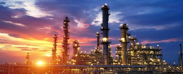 Modern industrial plant with steel pipes and machinery against a blue sky background. Energy production or biological process concept