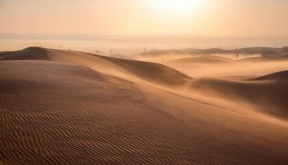 Wind blowing sand over desert landscape at sunrise creating fog effect