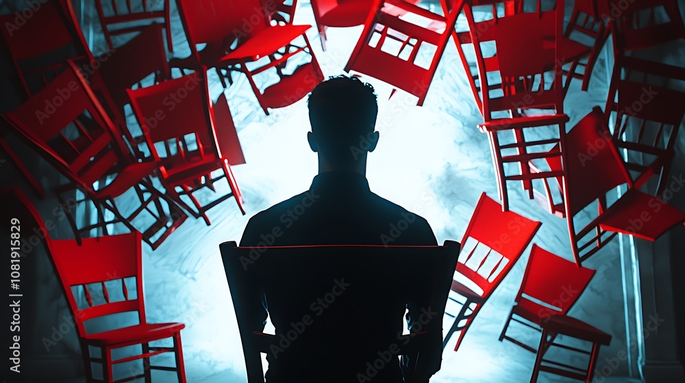 Aufkleber mysterious figure surrounded by floating red chairs in an enigmatic setting with dramatic lighting a