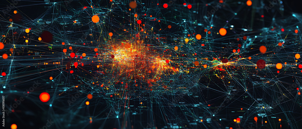 Poster analyzing supply chain security risks digital network data visualization abstract environment macro 