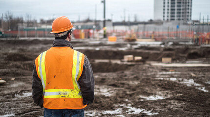 Construction worker observing site progress, wearing safety gear and hard hat, amidst construction area with machinery and materials visible