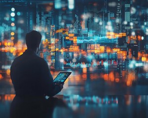 Businessman Analyzing Holographic Investment Portfolio for Wealth Accumulation