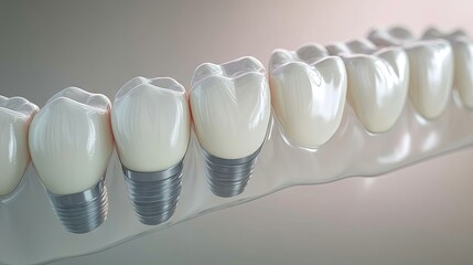 Fototapeta premium Close-up view of dental implants showcasing realistic artificial teeth in a row.