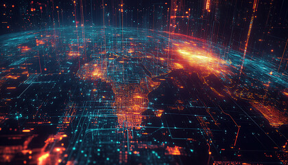 Obraz premium Global supply chain security risks digital landscape infographic cyber environment aerial view data integrity