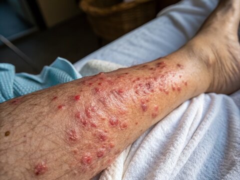 Night Photography of Staph Infection: Close-up Images of Skin Symptoms, Swelling, and Redness, Capturing the Details of Bacterial Infections in Dark Lighting Conditions