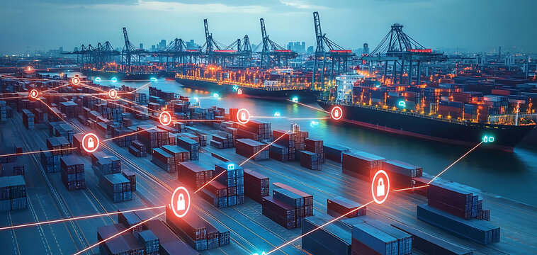Enhancing supply chain security global shipping ports digital infrastructure urban setting aerial perspective risk management