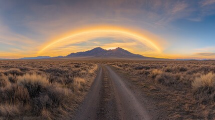 Majestic Sunset Over Serene Mountain Landscape with a Winding Dirt Road and Vibrant Colorful Skies in a Tranquil Natural Setting