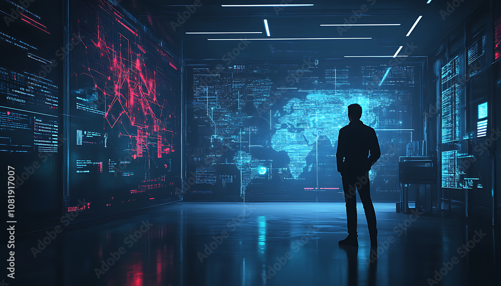 Aufkleber analyzing supply chain security risks data center digital visualization high-tech environment silhou