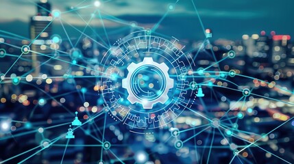 Large interconnected network of gears symbolizing corporate competition, with one oversized gear dominating the scene, representing antitrust concerns. Central gear with copy space for text.