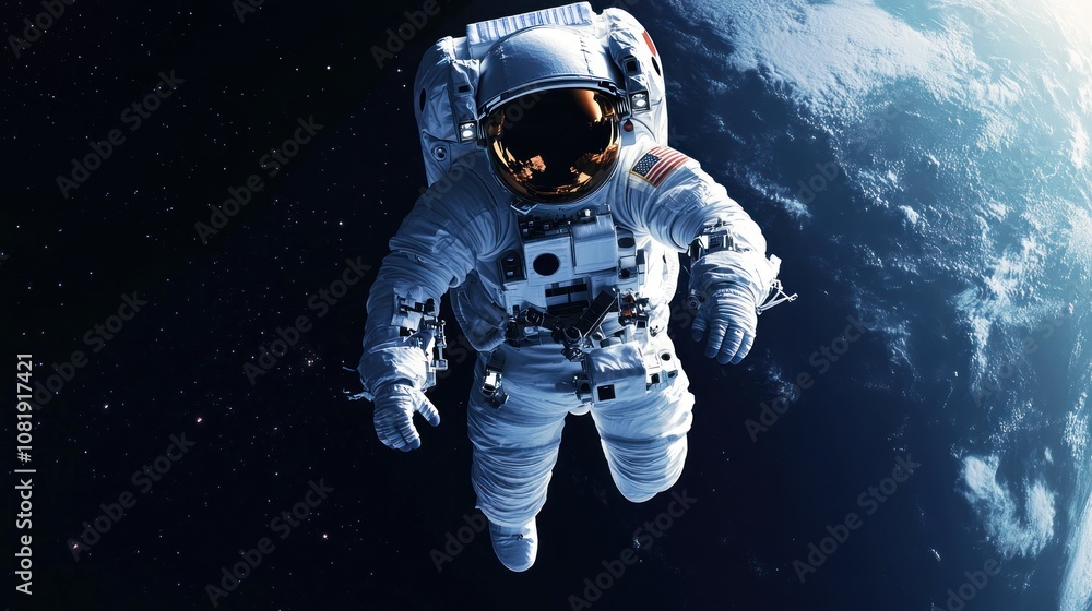 Poster astronaut floating in space over earth with stars in the background