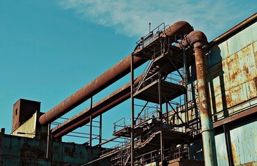 industrial plant with steel pipes and a blue sky background