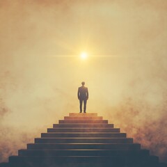 Businessman standing on multi level platform looking up at shining goal representing achievement and ascent towards success