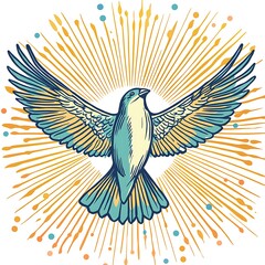Obraz premium Colorful Bird Illustration with Outstretched Wings Surrounded by Radiant Sunburst Design, Ideal for Decorative Artwork or Creative Projects