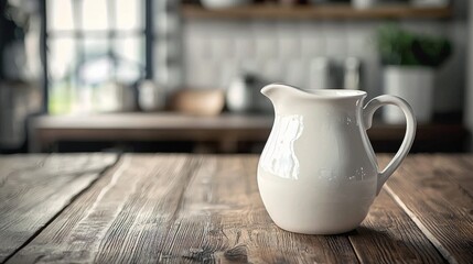 Simple white ceramic jug on rustic wooden table in a cozy kitchen setting illuminated by natural light