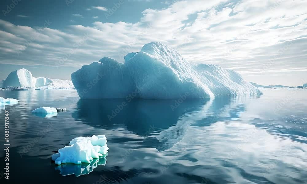 Aufkleber Serene Arctic Iceberg Reflecting in Calm Sea Under Cloudy Sky : Generative AI
