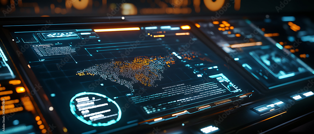 Poster monitoring supply chain security risks high-tech control room digital interface data analysis close-