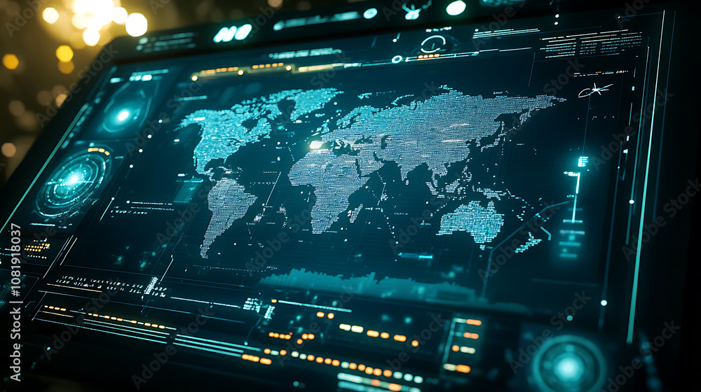 Poster analyzing supply chain security risks global overview digital map high-tech environment close-up vie