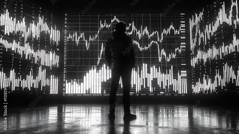 Aufkleber a trader analyzing financial data in a modern digital space with dynamic graph projections and stock