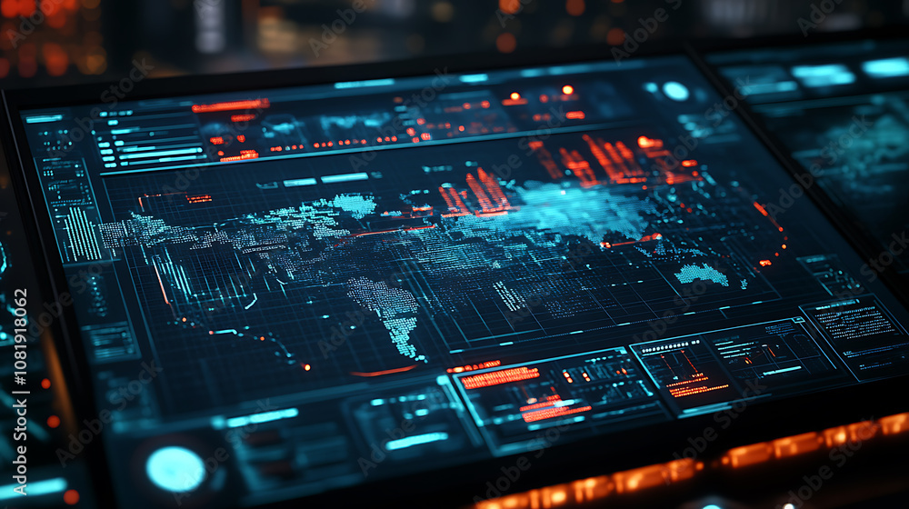 Poster analyzing supply chain security risks global digital dashboard data visualization urban environment 