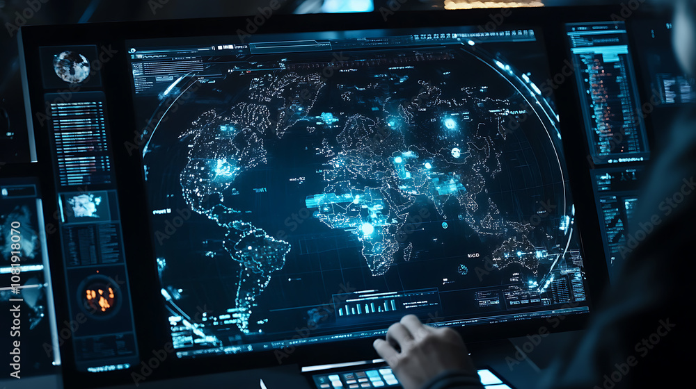 Poster monitoring global supply chain security risks control room digital map visualization high-tech envir
