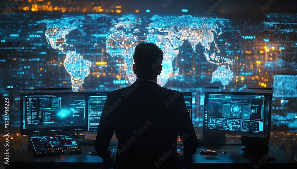 Poster monitoring supply chain security risks global control room digital data environment cybersecurity pe