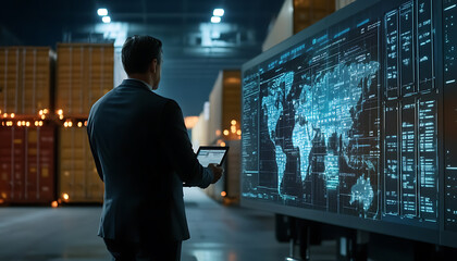 Fototapeta premium Analyzing supply chain security risks warehouse digital display industrial environment professional viewpoint risk management