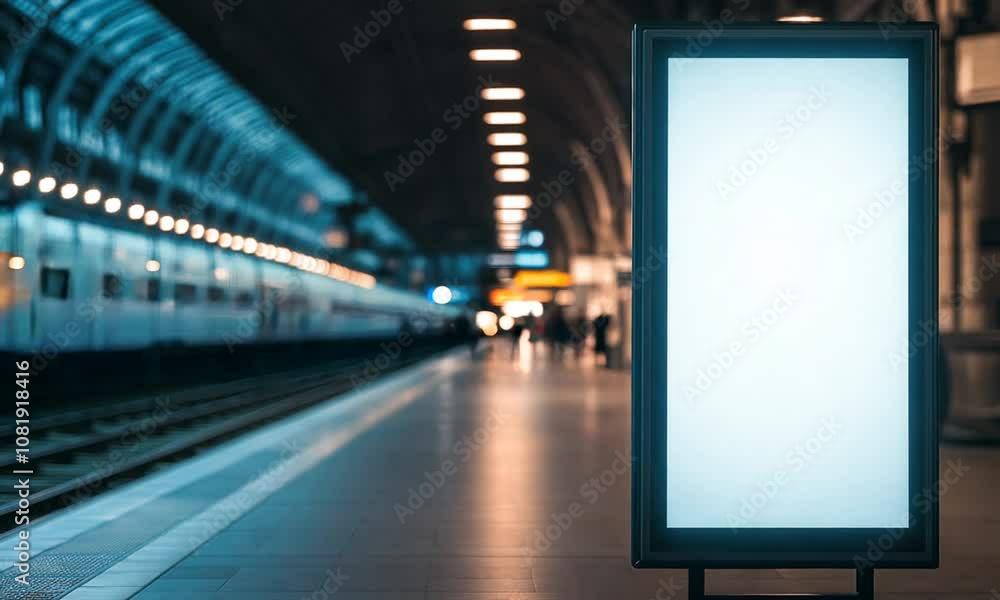 Poster illuminated empty advertisement space in modern train station setting : generative ai