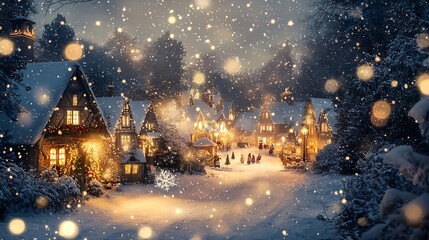 Fototapeta premium Enchanting Snowy Village at Dusk with Carolers Singing and Twinkling Lights