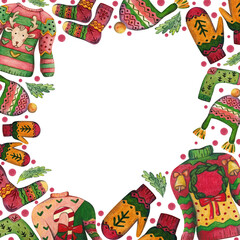 Watercolor square frame of ugly Christmas sweaters, hats, socks and mittens on a transparent background